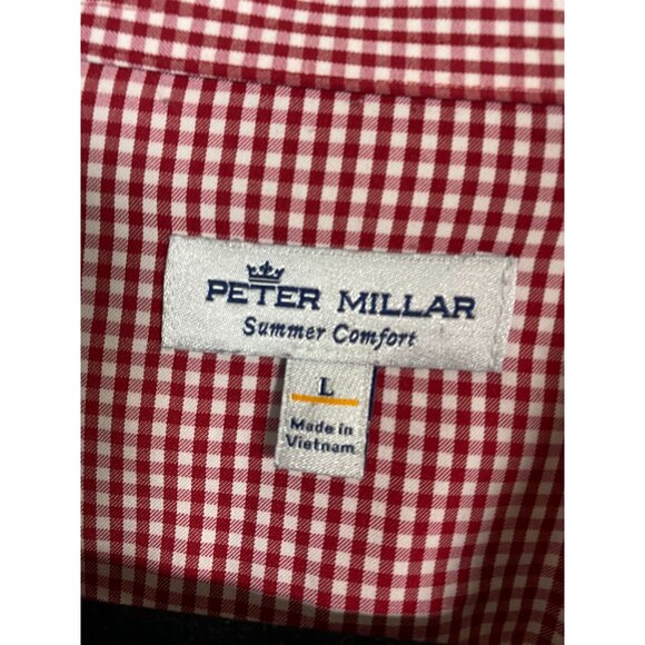 Peter Millar Mens Red Gingham Button Up Shirt size Large Cardinal Stanford Logo - Picture 3 of 15